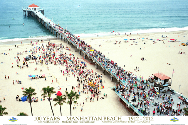 People gatherd at and around Manhattan Beach Pier for the Centnnial Group Photo by John Post.  From a R-44 helicopter