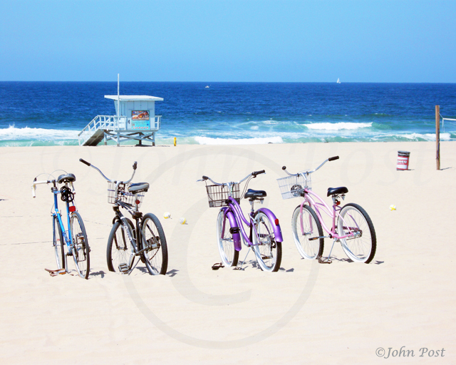 Empty Bikes on Beach, Lifeguard tower, ocean, sand, volleyballs,, Manhattan Beach, California