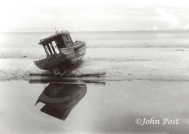 Still Life Number 1 Black and White Infrared Beached fishing Boat Panang Malaysia sandbar seascape (c)John Post